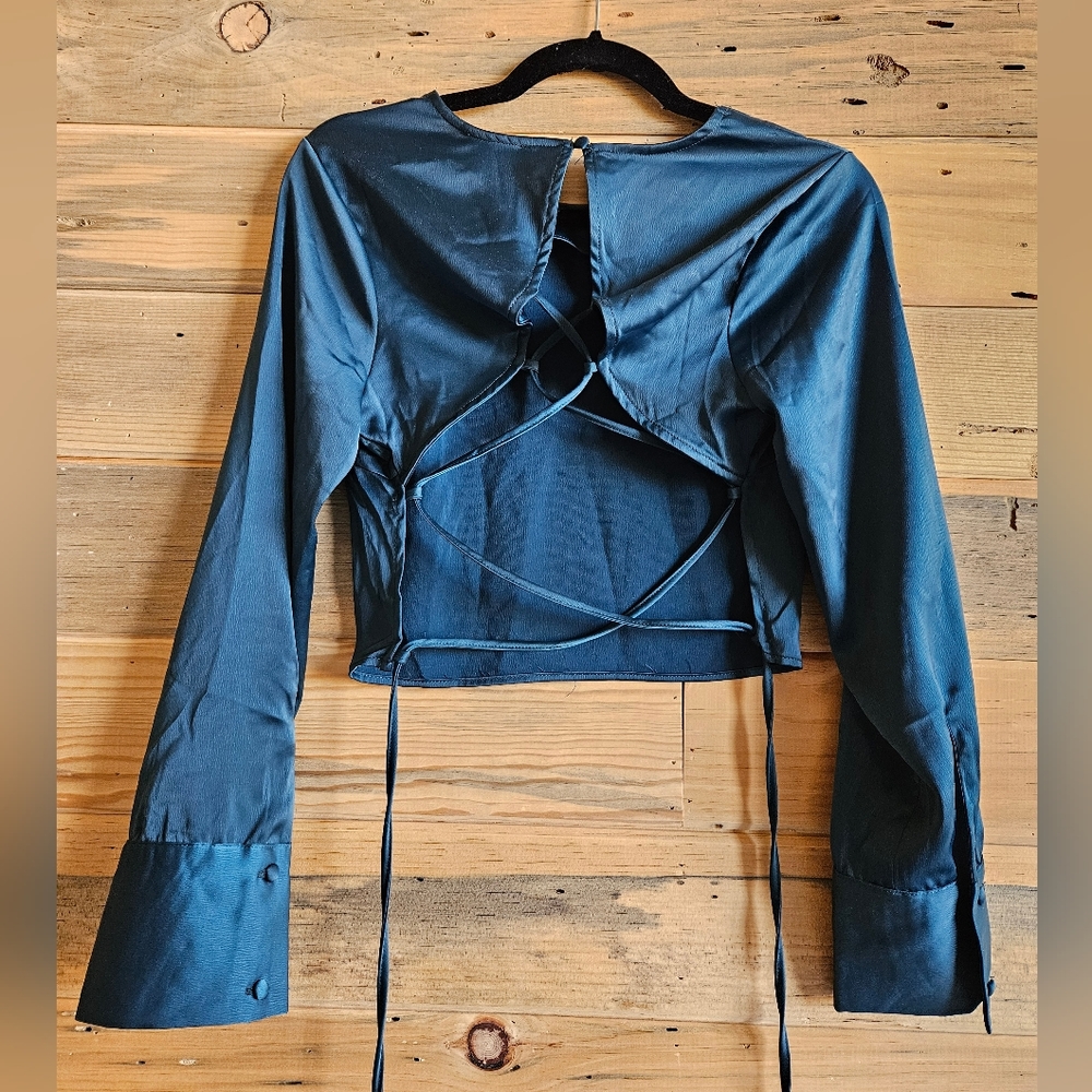 Milk & Honey silky teal tie-back crop top, size M